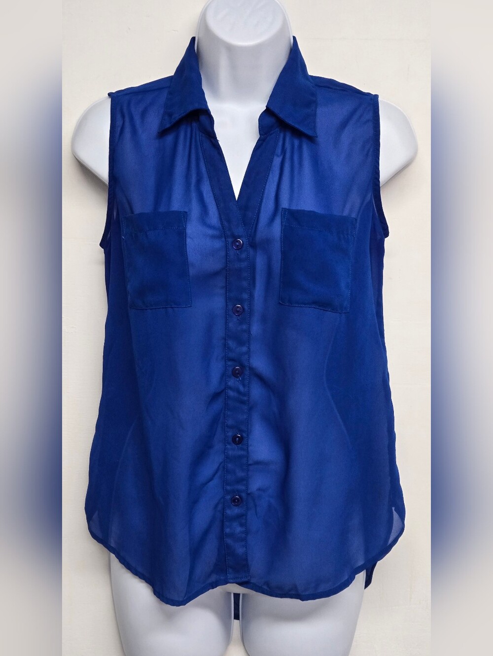 Fun & Flirt S Cobalt Royal Blue Button Down Shirt Top Sheer Sleeveless V Neck